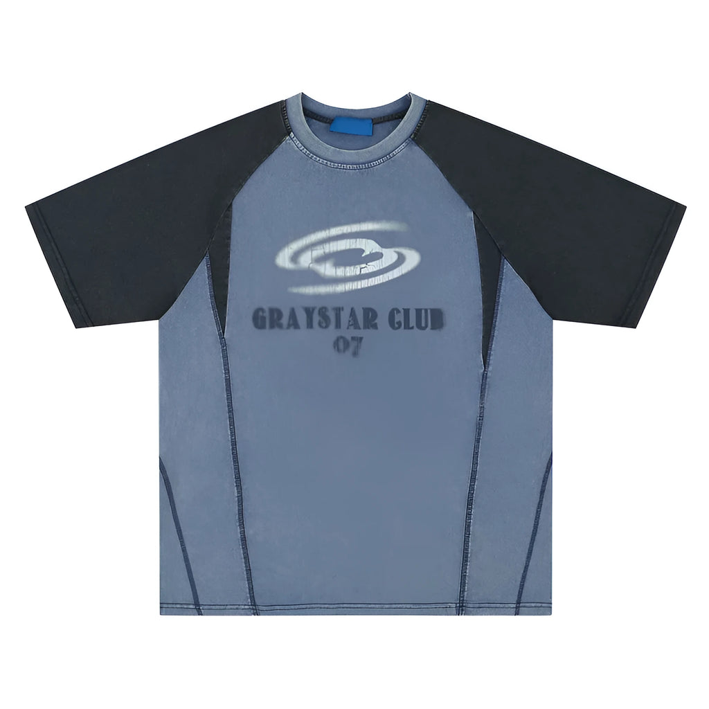 Blue men's hip hop letter print t-shirt with raglan sleeves on a hanger