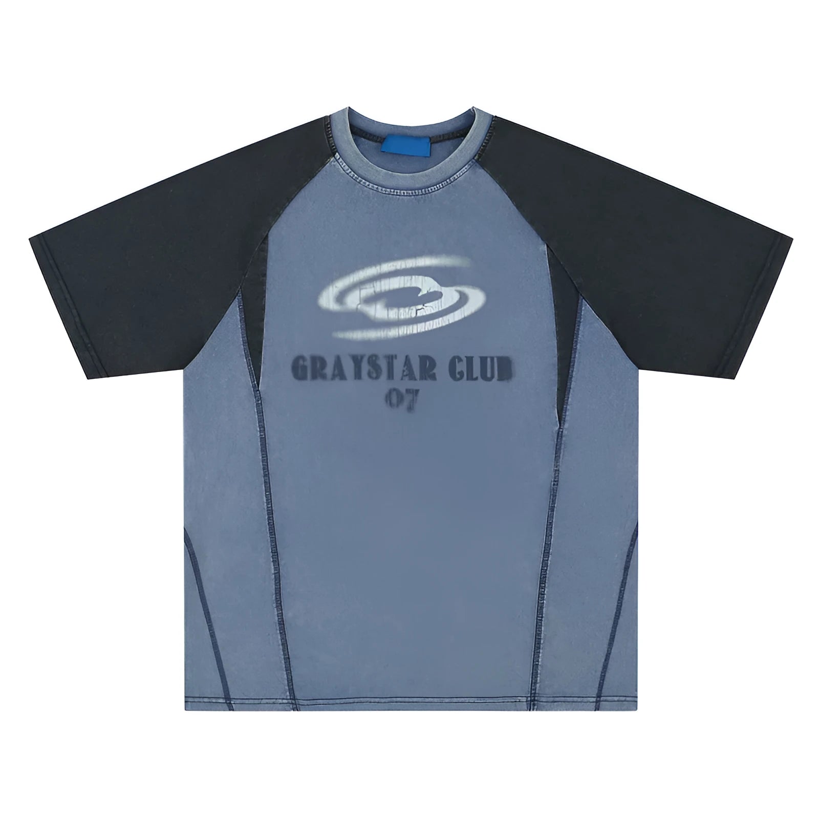 Blue men's hip hop letter print t-shirt with raglan sleeves on a hanger