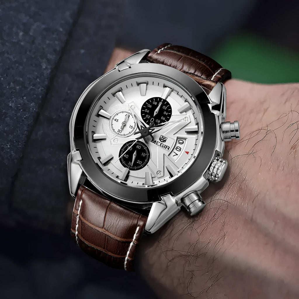 Men's multifunctional quartz chronograph watch showing three subdials and luminous hands on a brown and white dial