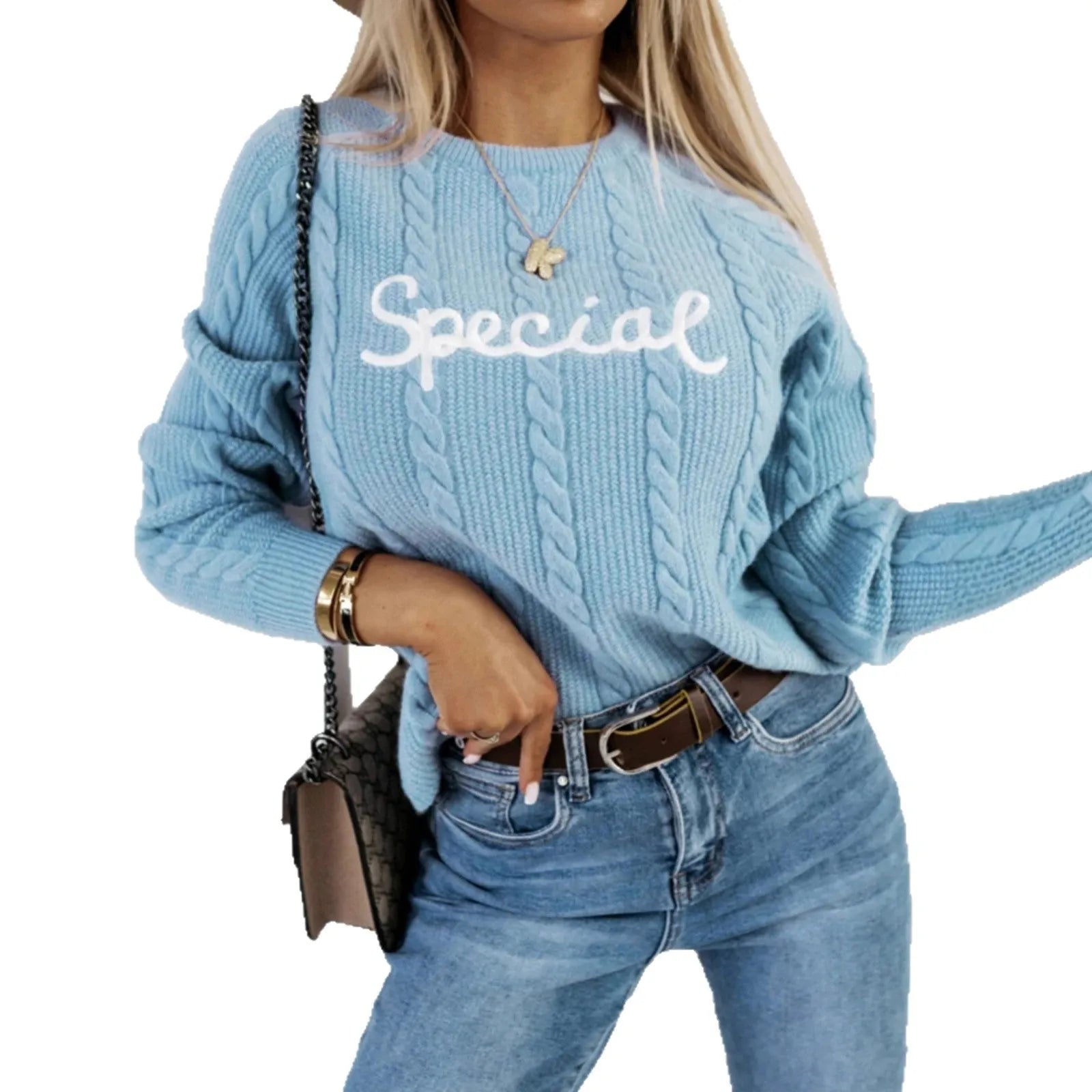 Blue leisure pullover with embroidered letters, crew neck, street fashion style knitwear
