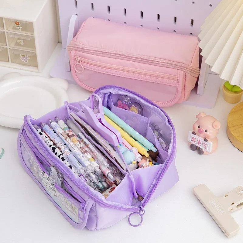 Canvas pencil case with multi-layer flip design in Korean style showing six colour options