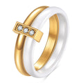 Glossy ceramic women's ring with geometric shape and stitching detail in steel black or gold white finish