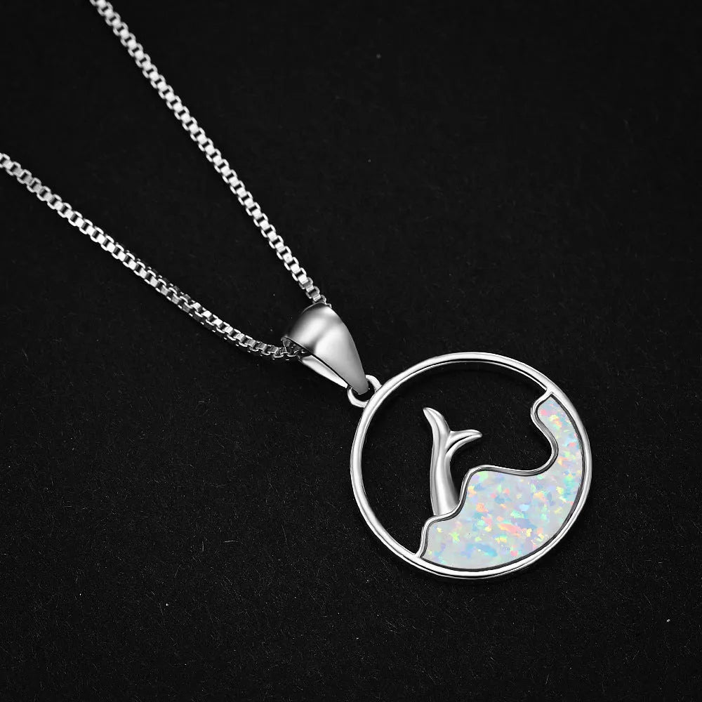 Geometric sea fishtail pendant necklace with round opal elements in electroplated white gold colour