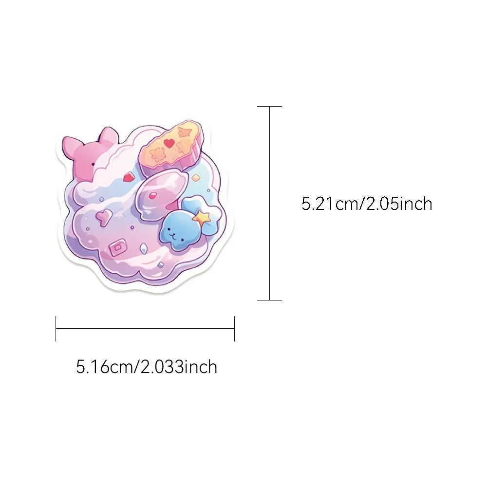 Pack of 50 colourful cute candy and small object waterproof stickers ranging from 4cm to 7cm in size.