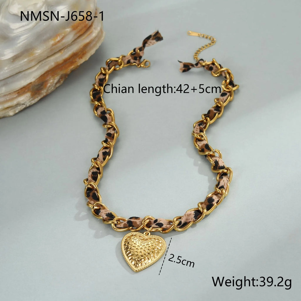 Stainless steel geometric leopard love pendant necklace with electroplated 18K finish on adjustable chain
