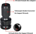 Steel telescopic bit holder adaptor converting between 1/2-inch and 1/4-inch drive sizes with O-ring bolt