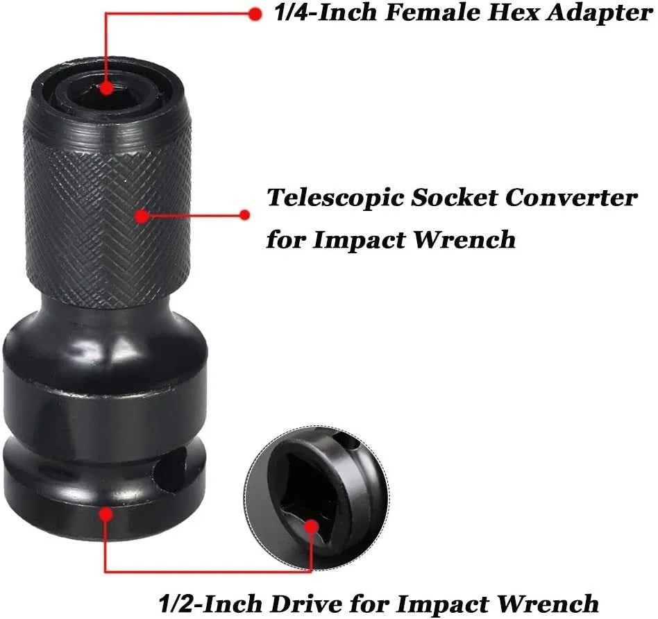 Steel telescopic bit holder adaptor converting between 1/2-inch and 1/4-inch drive sizes with O-ring bolt