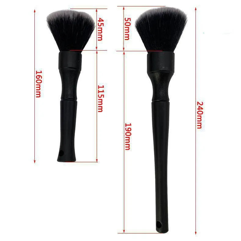 Black car detailing brush with ultra-soft pig hair bristles shown in two sizes: 240mm and 160mm length.