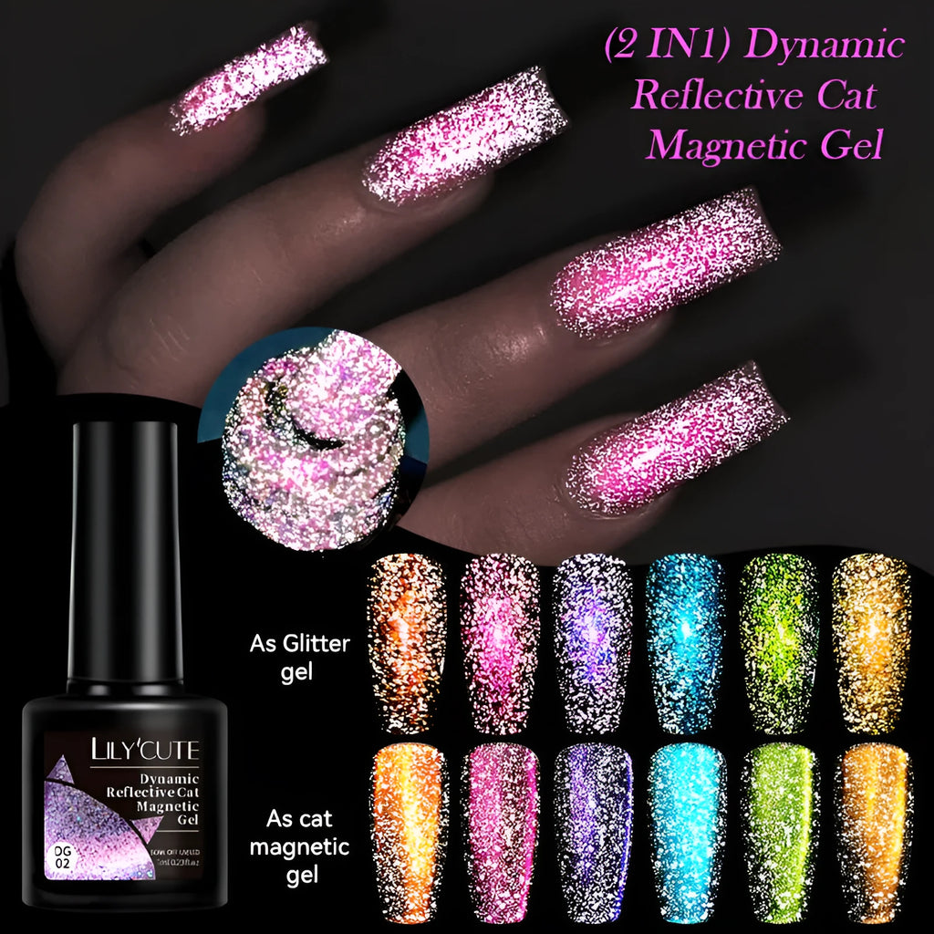 Diamond In The Debris Cat Eye Series UV nail polish gel bottles in six colours with glitter and fragments.