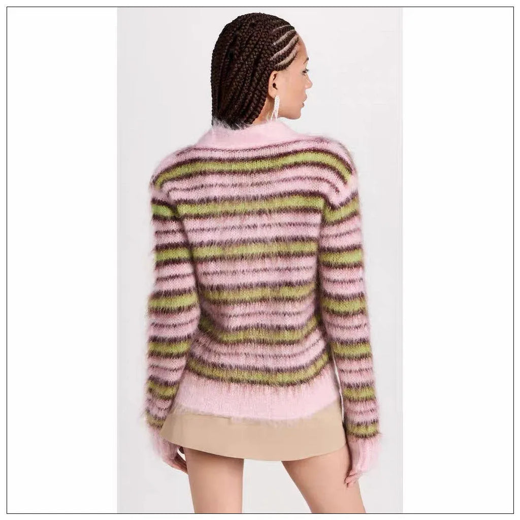 Pink wool knitted cardigan sweater in round-neck pullover and cardigan styles with contrast colour detailing