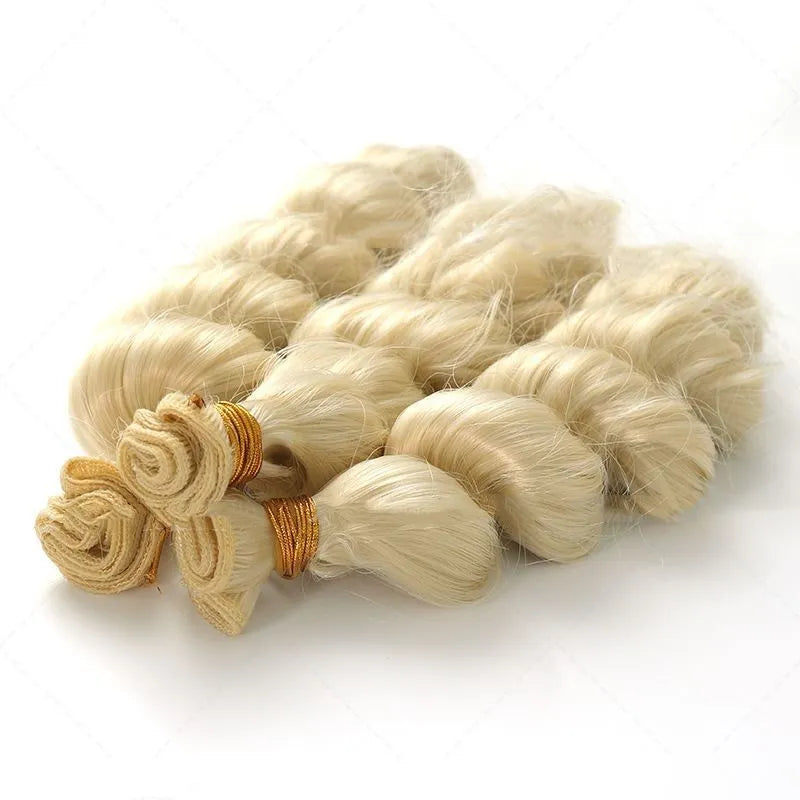 Golden blonde synthetic wig for women shown in 18, 20 and 22 inch length options.