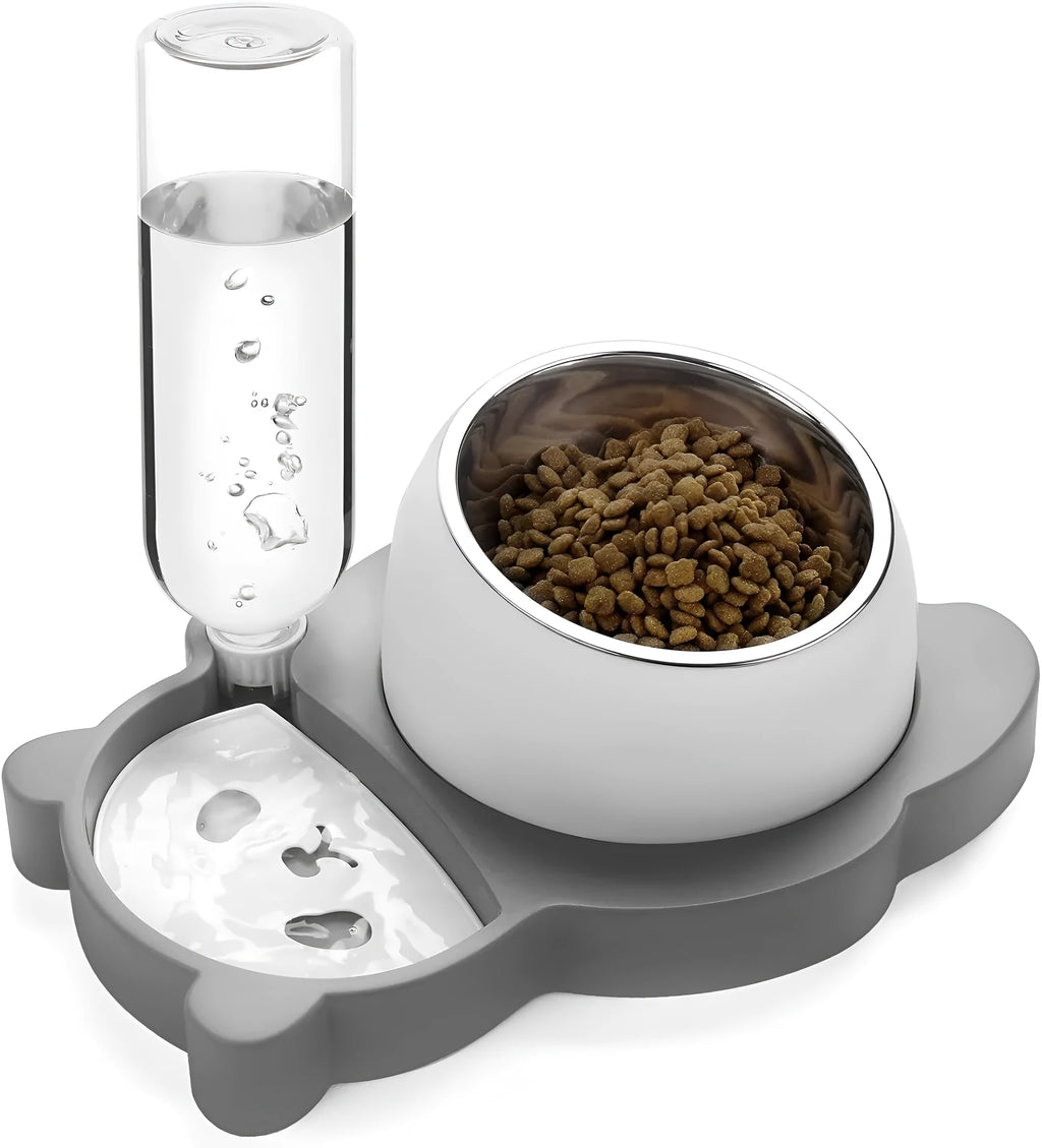 Grey panda-shaped raised pet feeder with tilted food bowl and automatic water bottle