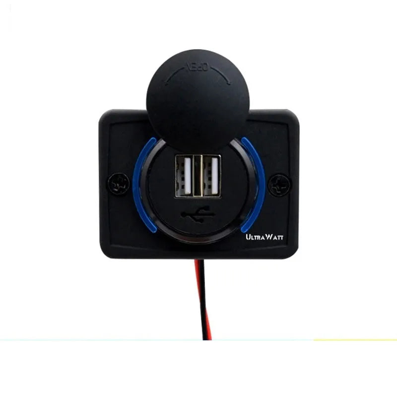 Black 12 volt car USB charger with dual ports for vehicle installation