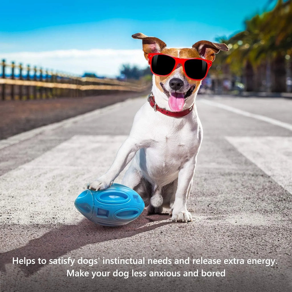 Blue durable rubber squeaky dog ball with surface grooves for aggressive chewers