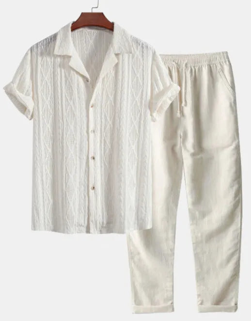 Camouflage printed short-sleeve shirt and trousers casual suit set on a hanger.
