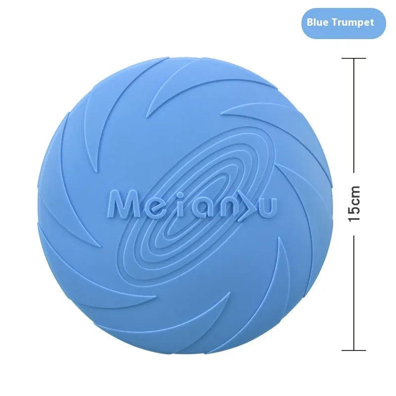 Soft rubber dog frisbee toy in blue, green, or red, shown in small, medium, and large sizes.