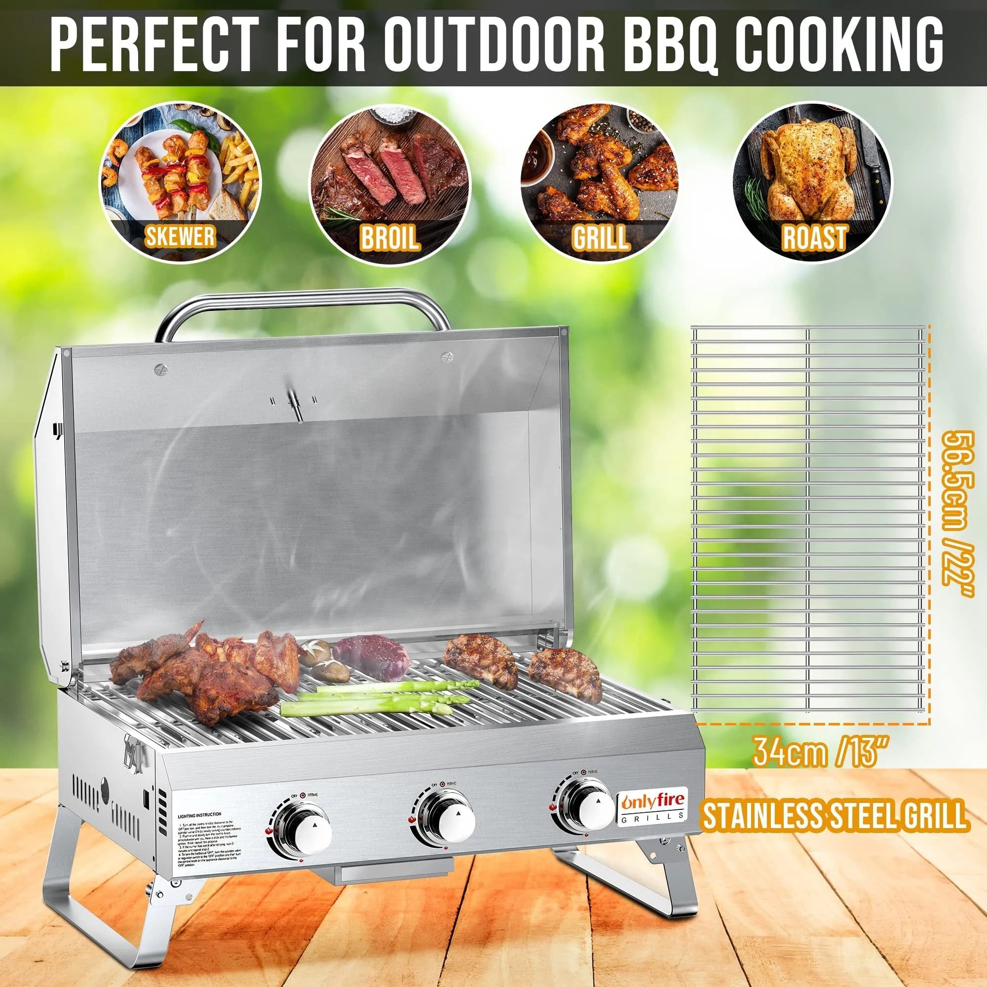 Silver stainless steel desktop gas barbecue grill with three burners and foldable legs.