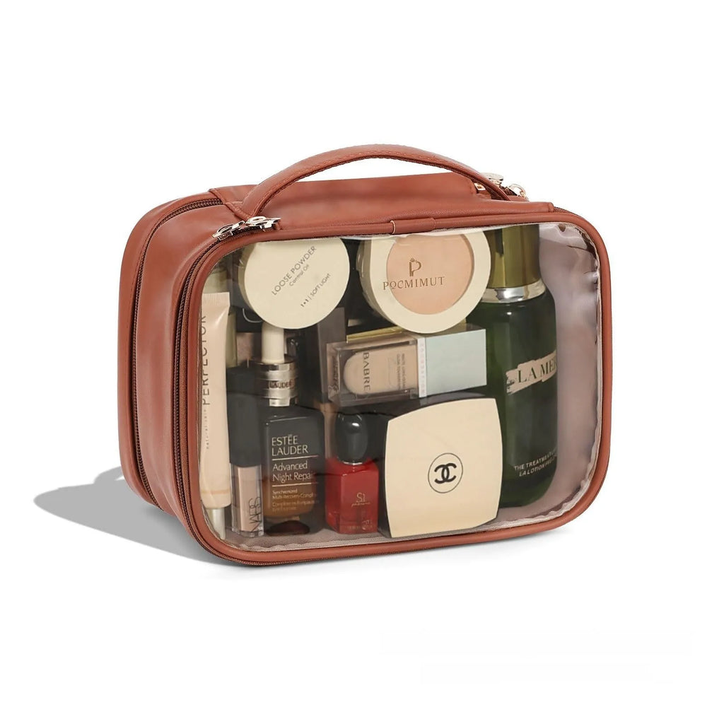 Transparent PVC cosmetic bag with waterproof lining showing dry wet separation compartments