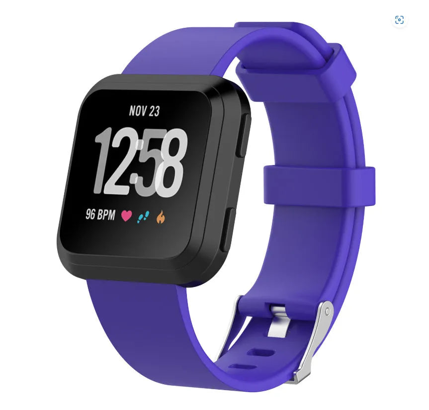 Fitbit Versa Lite replacement wrist strap showing colour options including black, blue, purple, red, and yellow