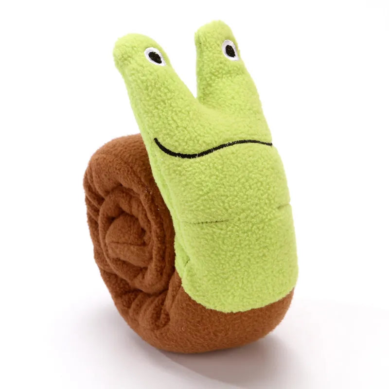 Dog puzzle toy in snail shape with velvet fabric and hidden food holes