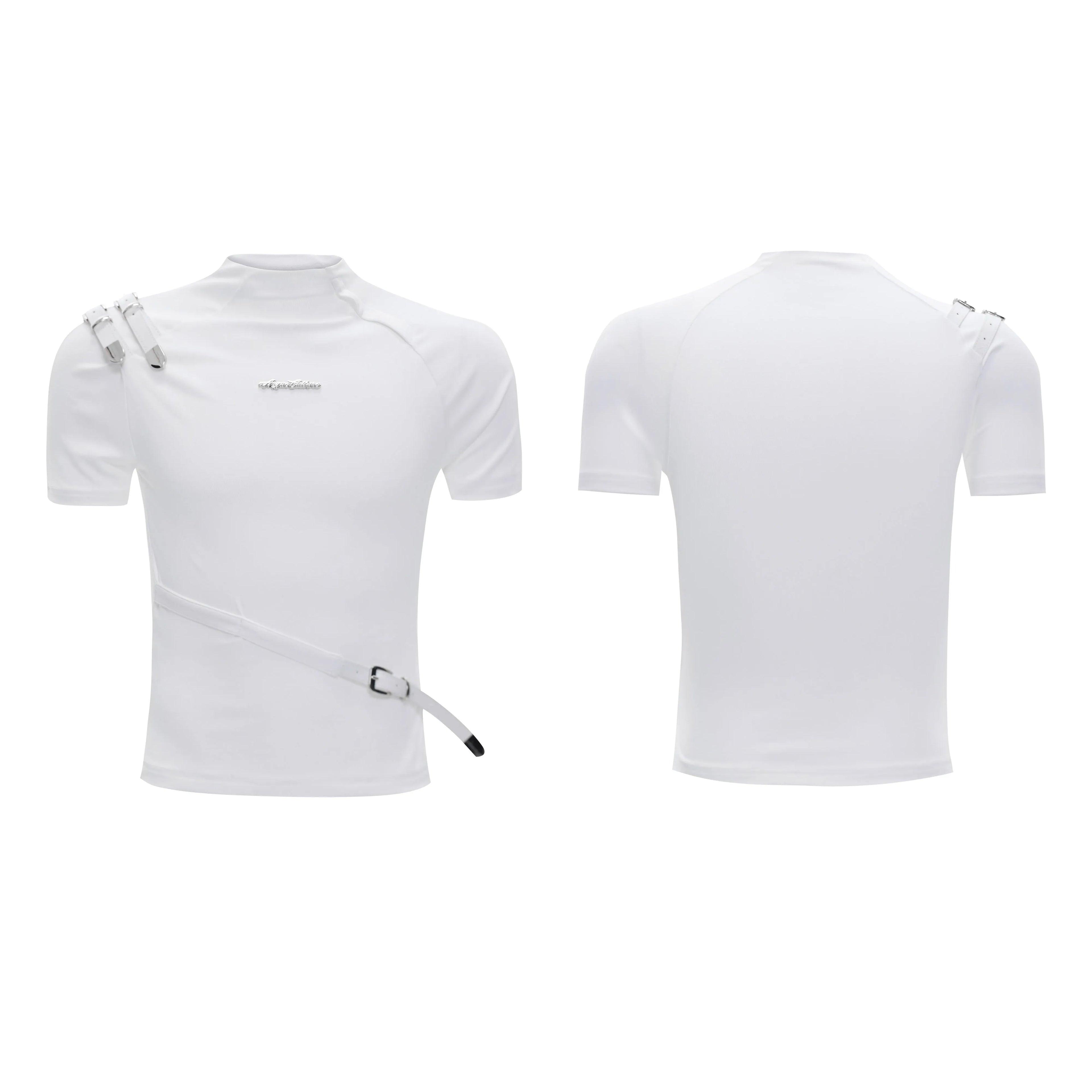Men's slim fit cotton short sleeve T-shirt with stand-up collar and metal belt detail in black and white colour options