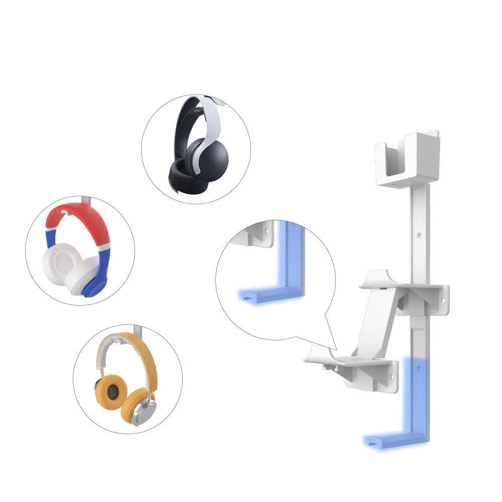 White ABS plastic wall hook holding PlayStation and Xbox game controllers