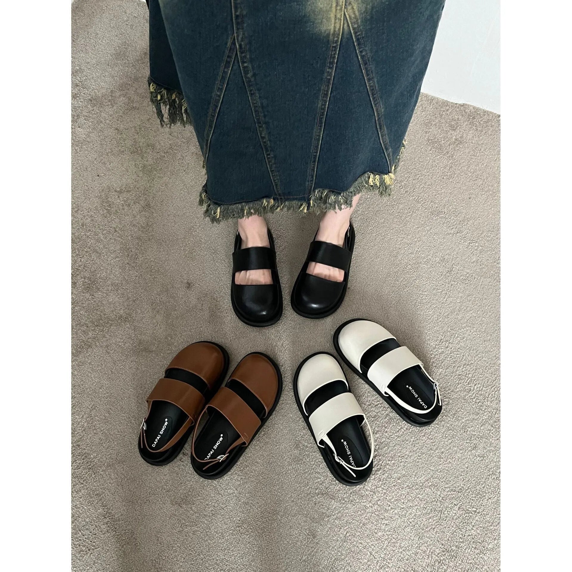 Retro women's closed toe sandals with an adjustable ankle buckle strap in apricot colour.