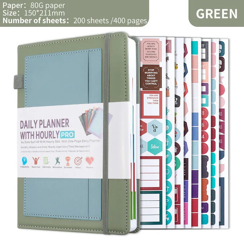 Creative trend notebook with PU cover, open to show undated strap and wood-free paper, with colour options displayed.