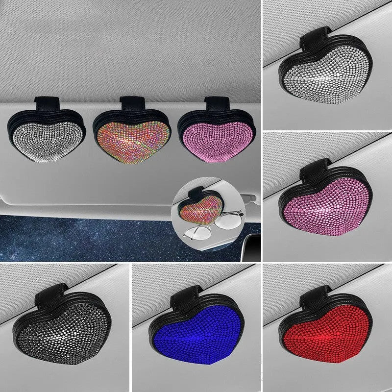 Diamond decorated PU leather magnetic clip for car sun visor holding sunglasses.
