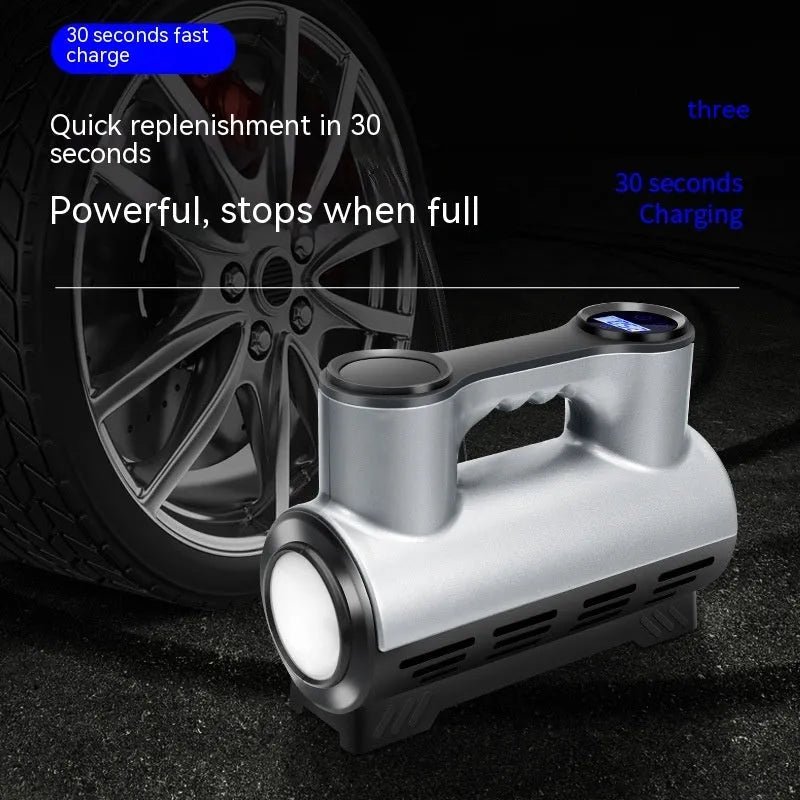 12V portable car tyre inflator with digital or pointer display, LED light and 3 nozzles in ABS casing