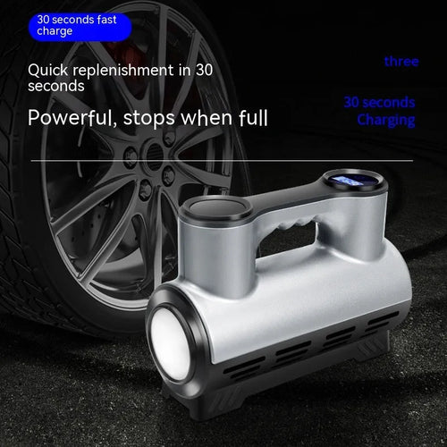 12V portable car tyre inflator with digital or pointer display, LED light and 3 nozzles in ABS casing