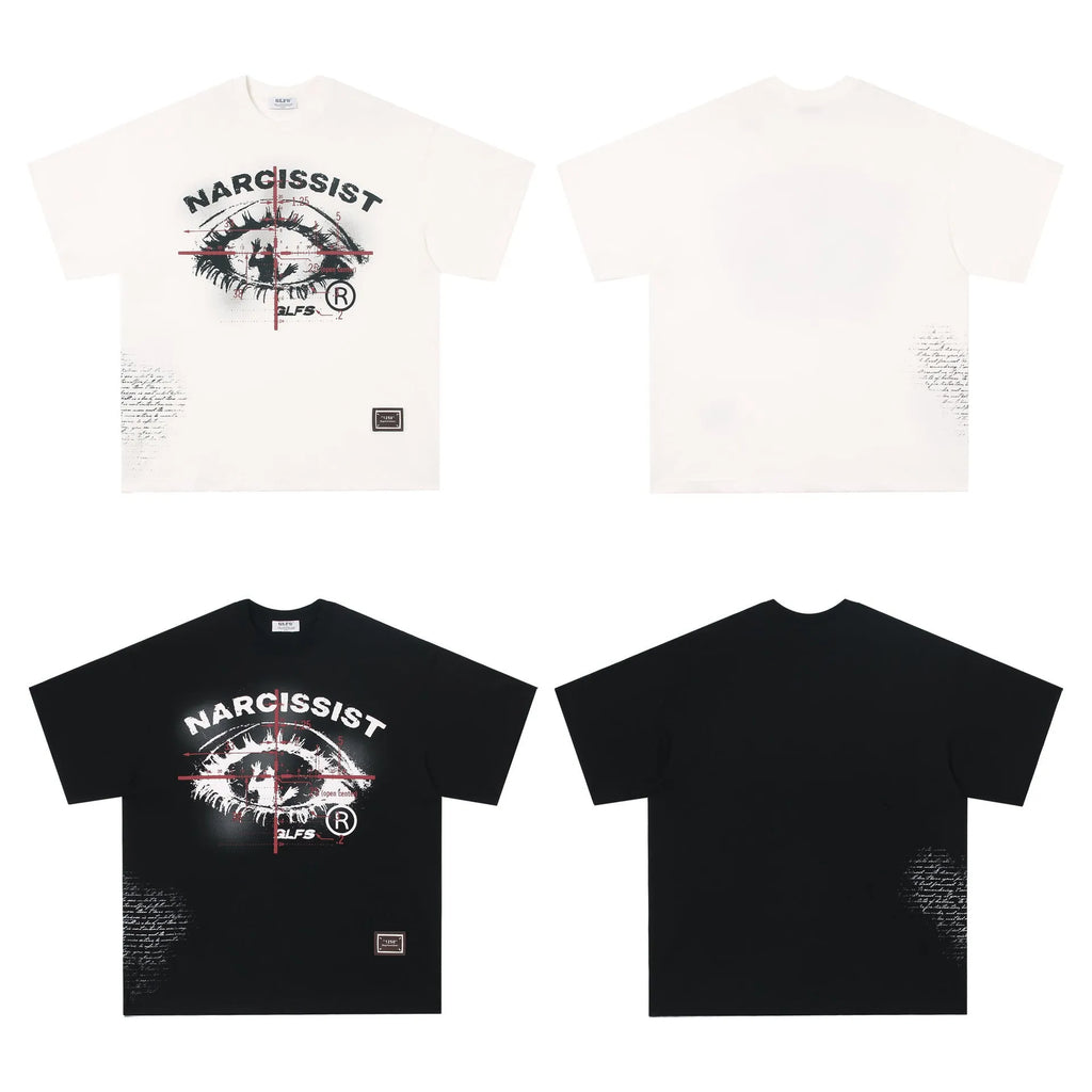 Black and white American retro hip hop gothic t-shirt with letter print pattern pure cotton short sleeve teen streetwear