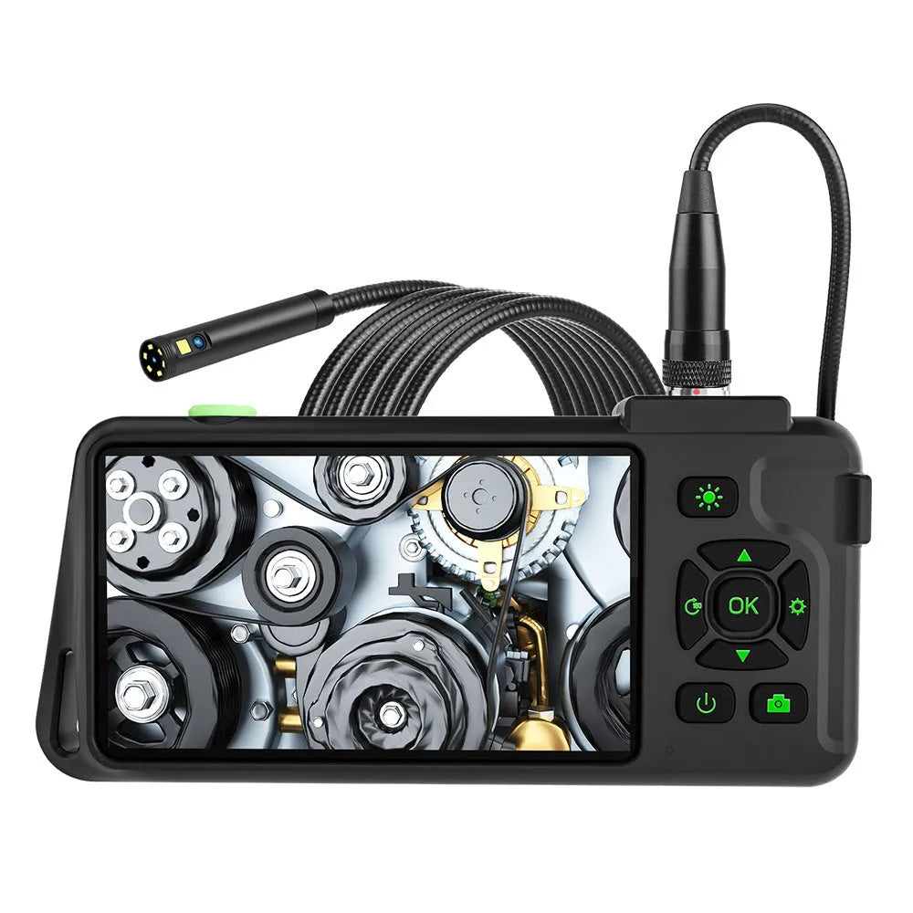 Handheld industrial endoscope with 4.5-inch screen and a thin black inspection probe on a 1-metre cable.