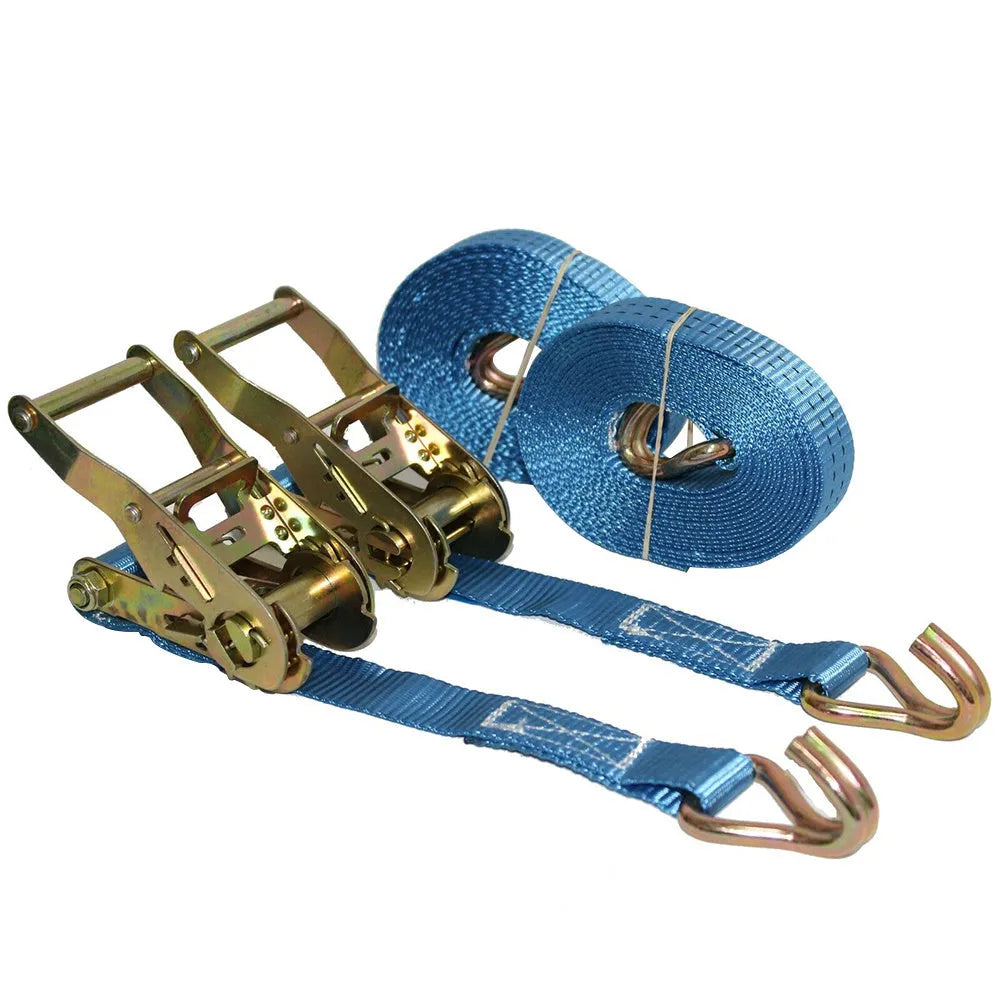 Steel ratchet tensioner fastening strap with double hooks and 1-inch wide grey polyester webbing.