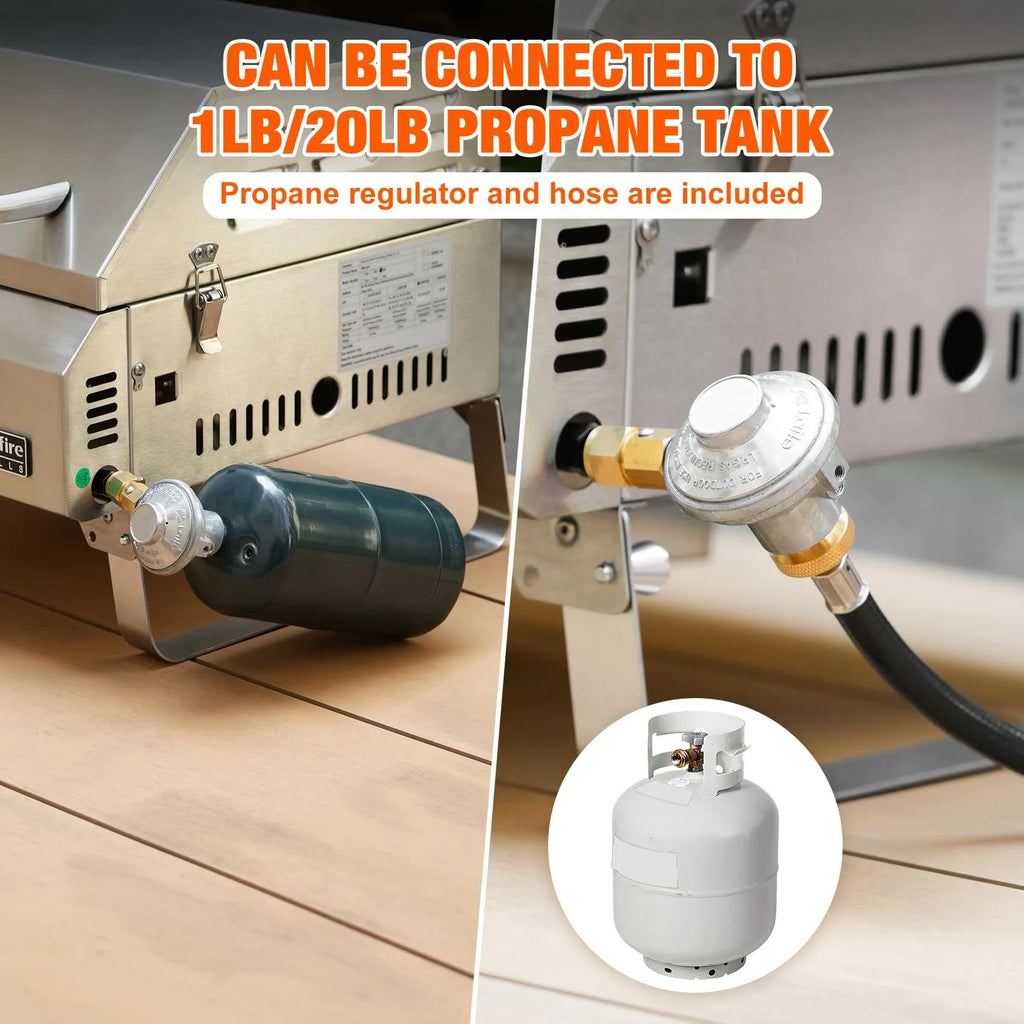 Silver stainless steel desktop gas barbecue grill with three burners and foldable legs.