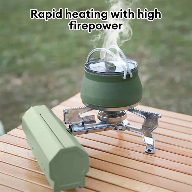 Green portable folding camping gas stove with adjustable valve on a serrated bracket, shown with its storage bag.