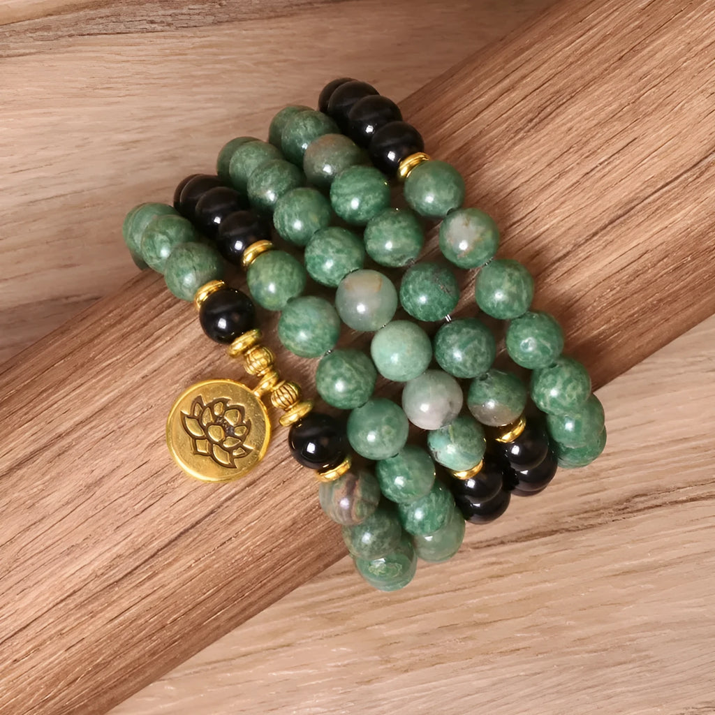 Green and black elastic beaded long bracelet made from alloy in natural style