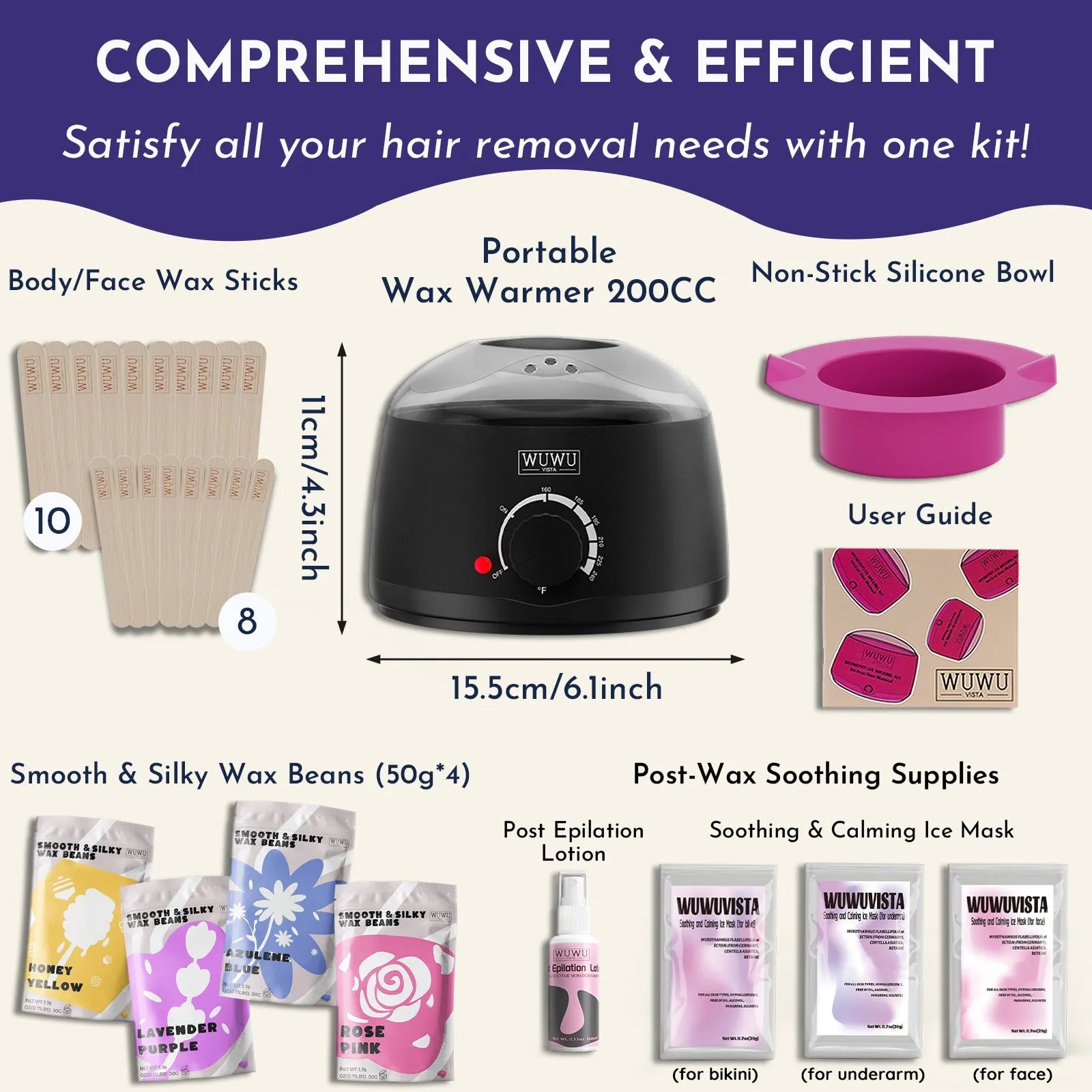 29-piece hard wax hair removal kit with compact warmer and four aroma wax beads