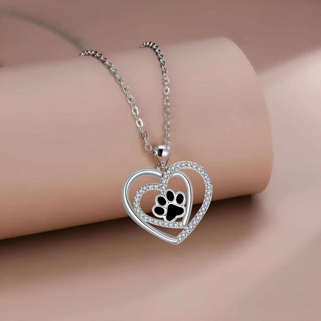 Women's dog paw necklace with heart pendant on cross chain, electroplated copper construction