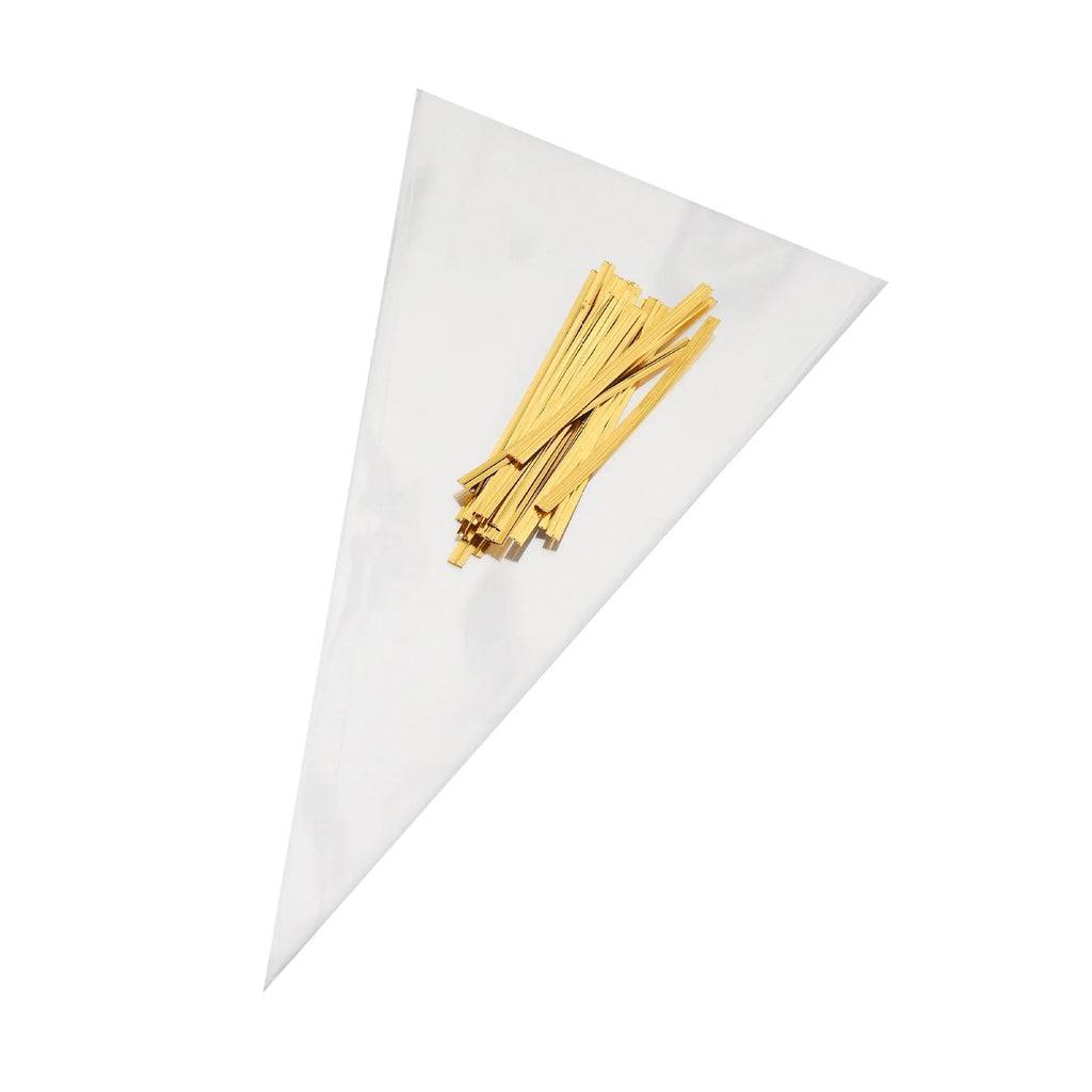 Clear triangle-shaped plastic packaging bag with a silver tie wire closure, shown in a pack of multiple bags.