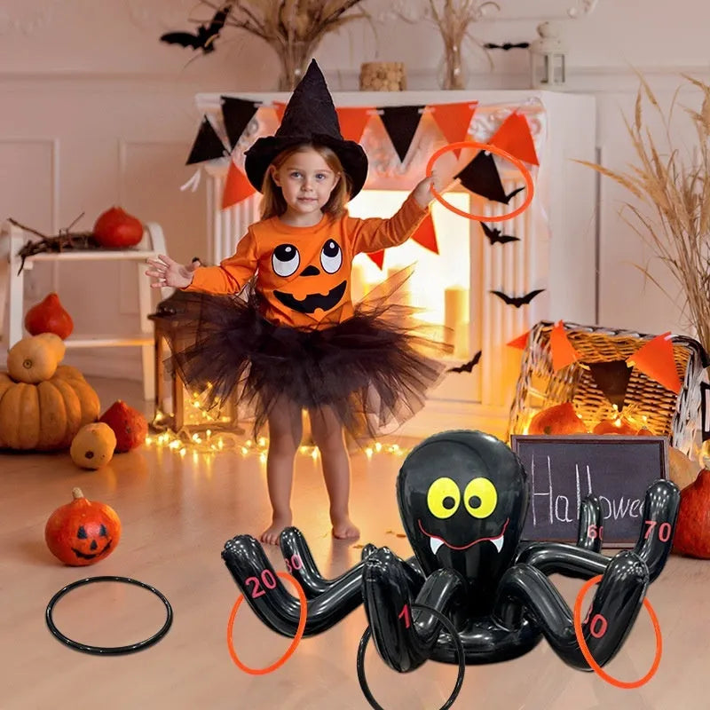 Halloween inflatable throwing toy showing octopus, antlers and witch hat ferrule designs in multiple colours
