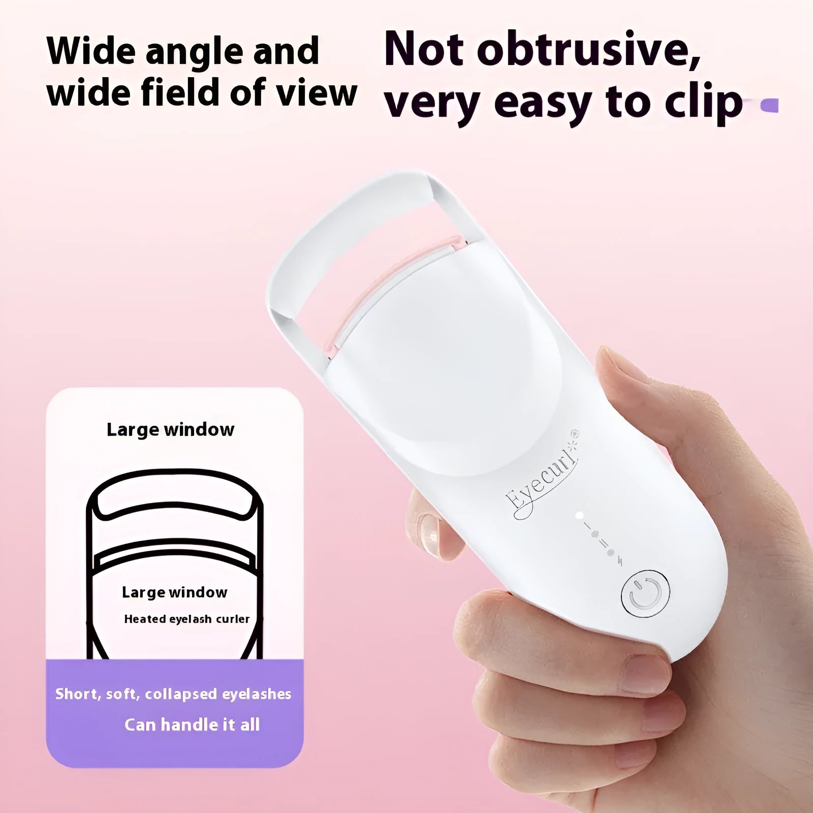 Plastic electric heating eyelash curler with USB cable in cream white, maca pink, or vanilla apricot colour