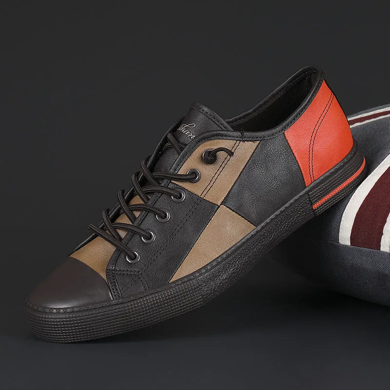 Men's colour matching leather shoes with round toe and elastic band closure in black and white colour option