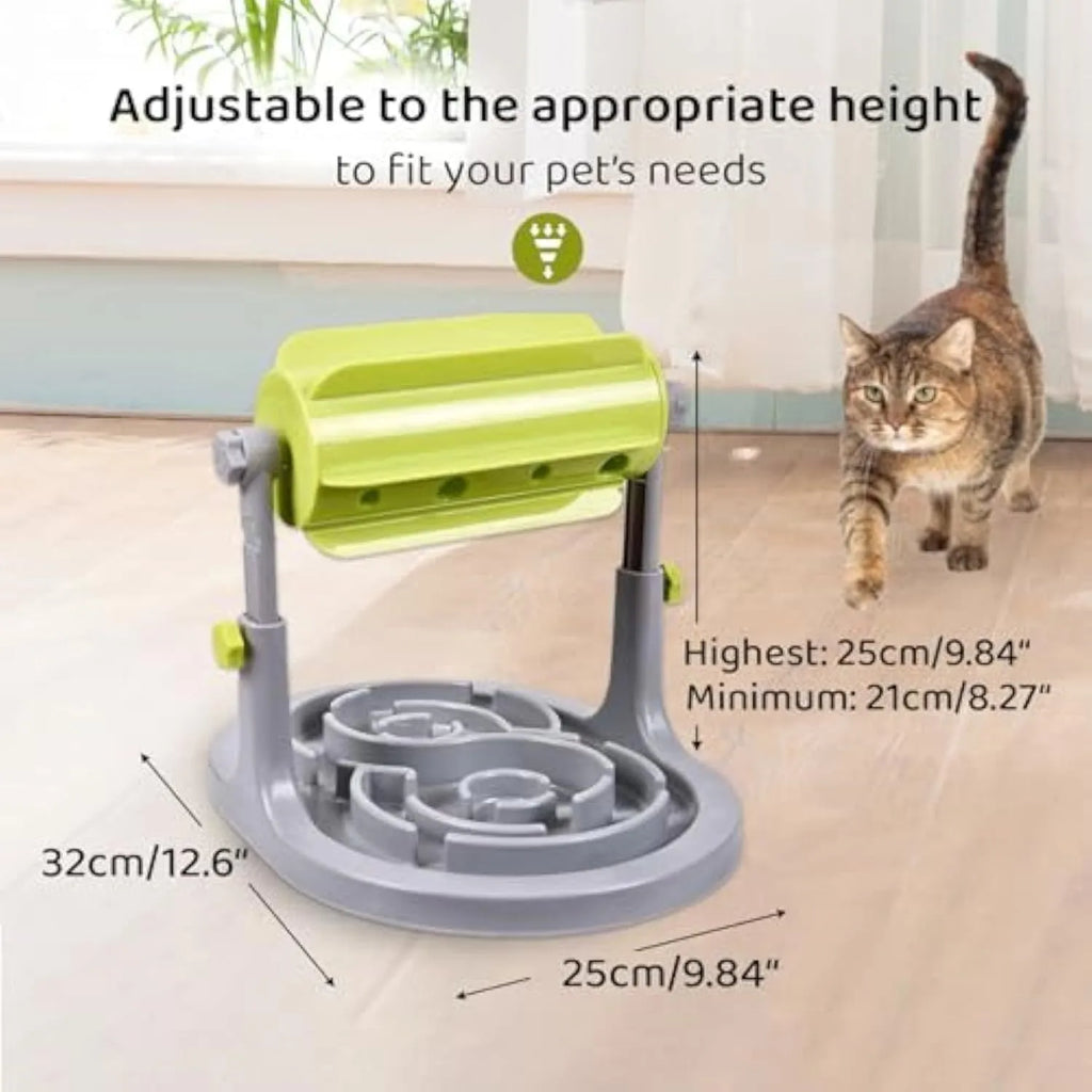 Blue interactive slow feeder bowl for dogs and cats with adjustable height and raised patterns