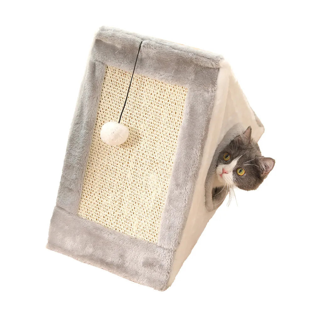Triangular cat bed with fur covering in gray white or light brown beige colors featuring a scratching surface