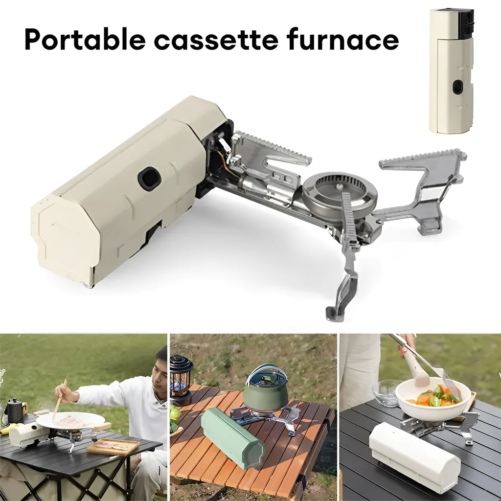 Green portable folding camping gas stove with adjustable valve on a serrated bracket, shown with its storage bag.