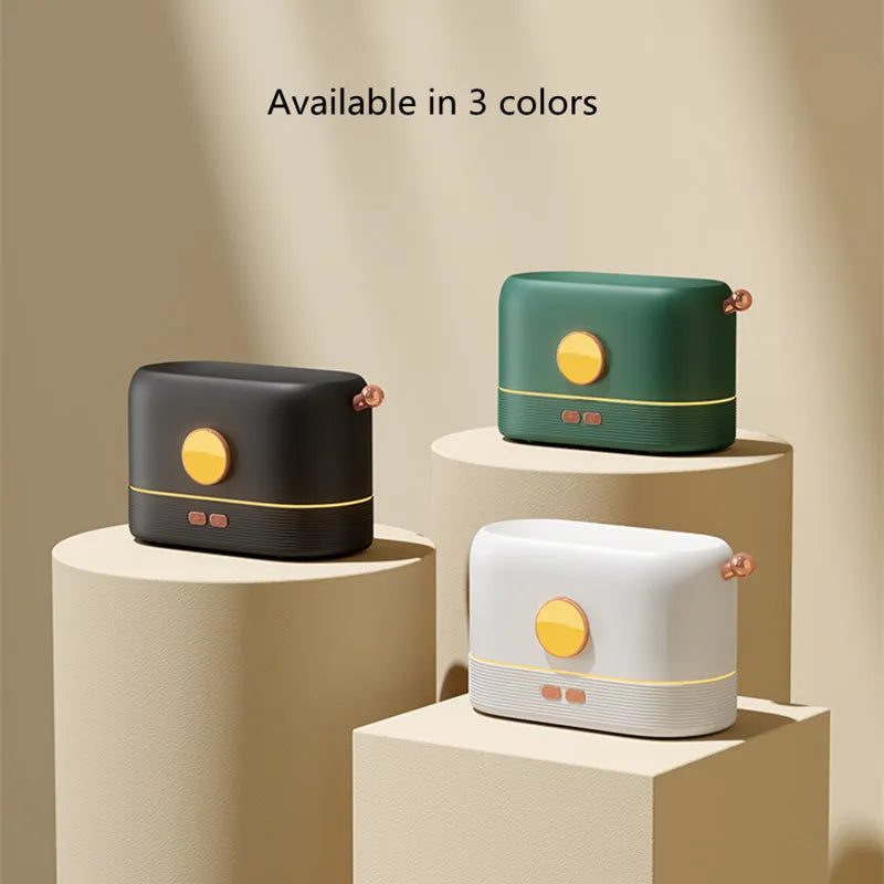 USB-powered desktop humidifier with simulated flame effect and 200ml water tank capacity