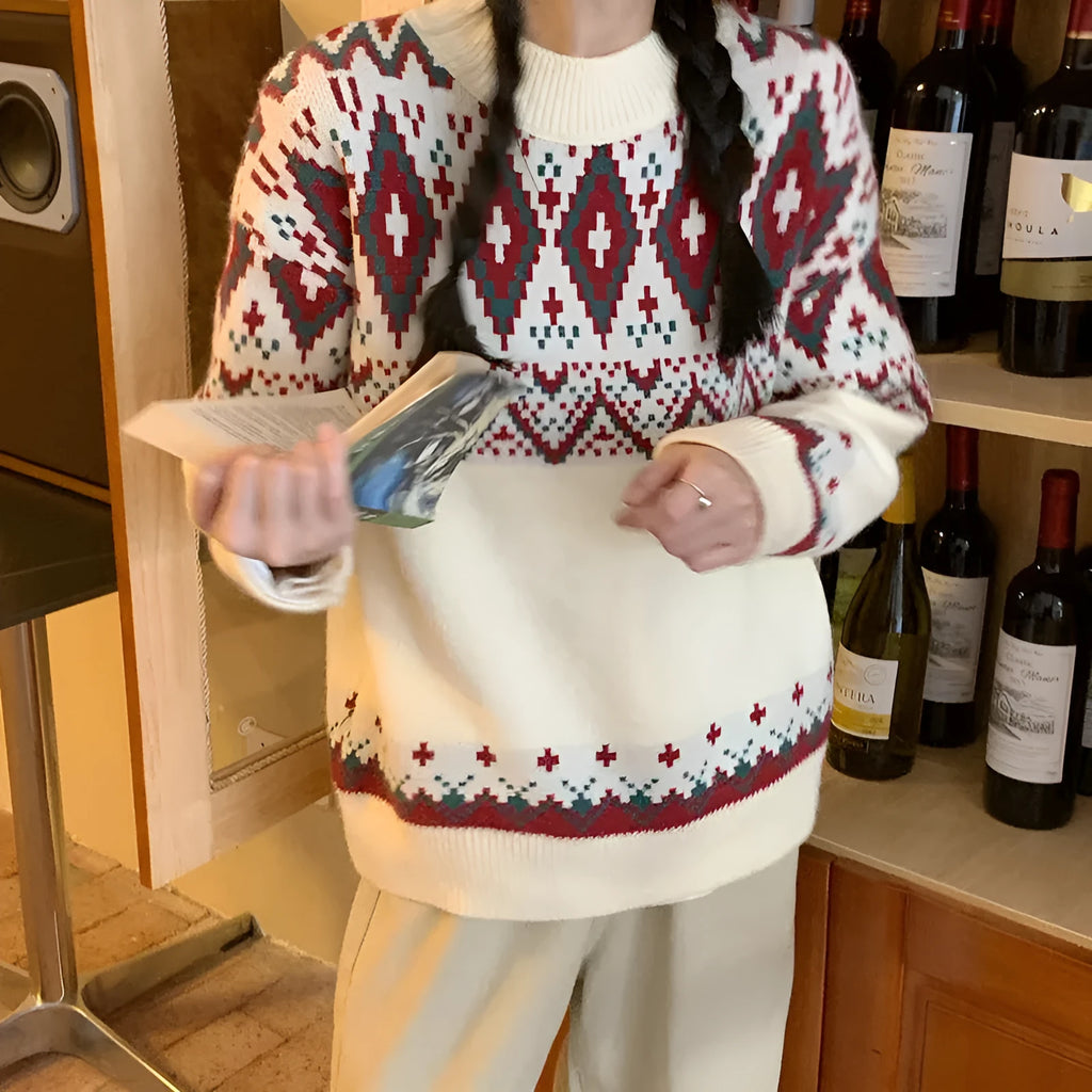 Women's loose retro striped pullover knitted top in polyester with long sleeves