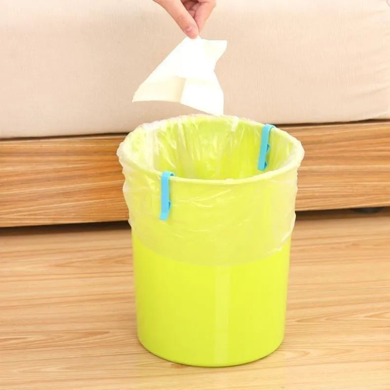 A white PP plastic non-slip clip designed to secure a garbage bag to the side of a trash can.