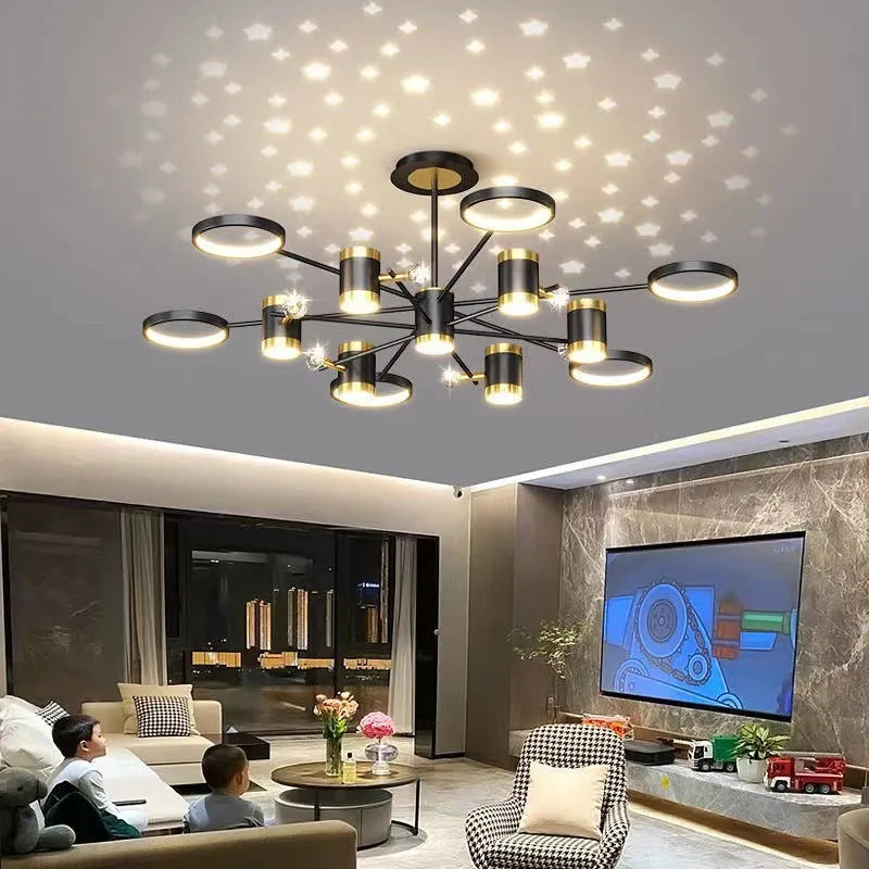 Black iron pendant chandelier with 13 LED light heads and adjustable hanging height
